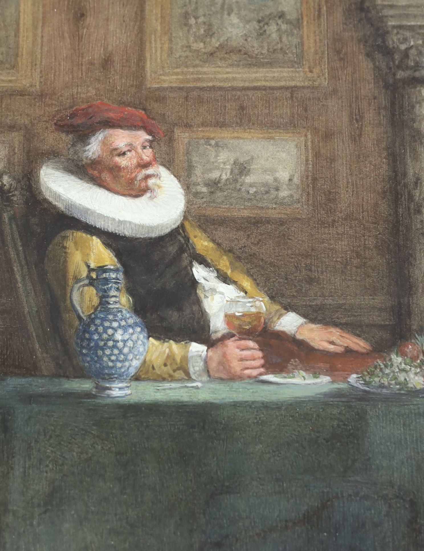 19th century Continental School, watercolour, 15th century gentleman seated at a table, 20 x 15cm
